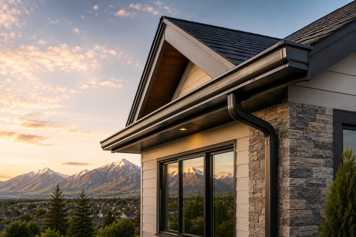 Seamless aluminum gutters on a Lehi, Utah home at golden hour with Wasatch mountains in the background