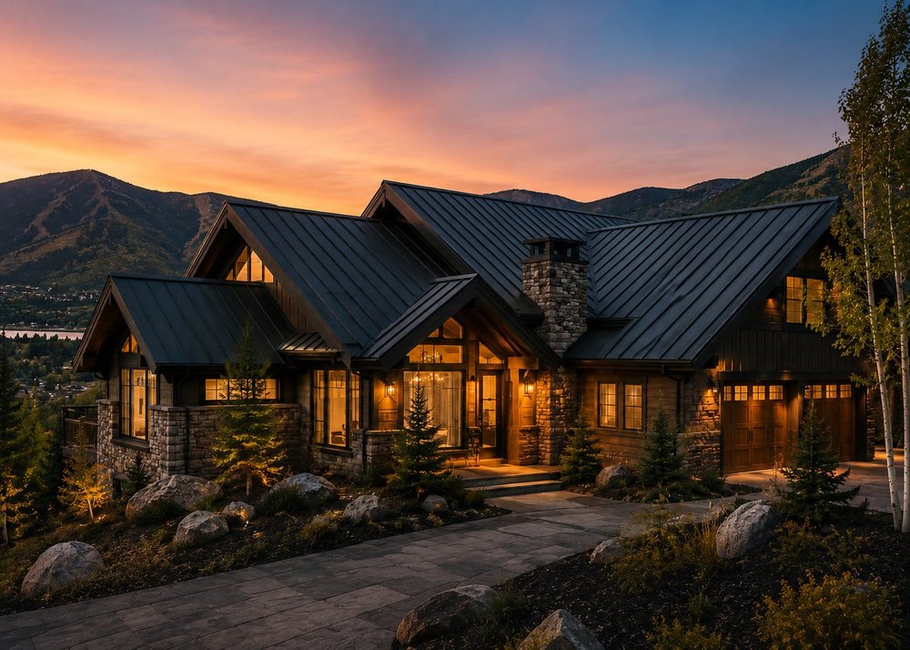Park City mountain home with new standing seam metal roof at sunset, framed by the Wasatch mountains