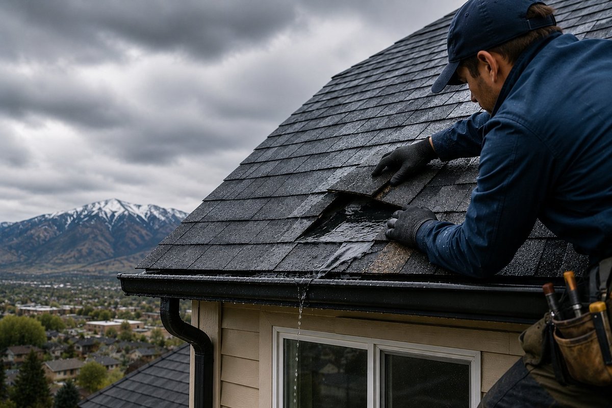 Rad Roofing technician repairing damaged shingles on a Provo, Utah roof with Wasatch mountains in the background