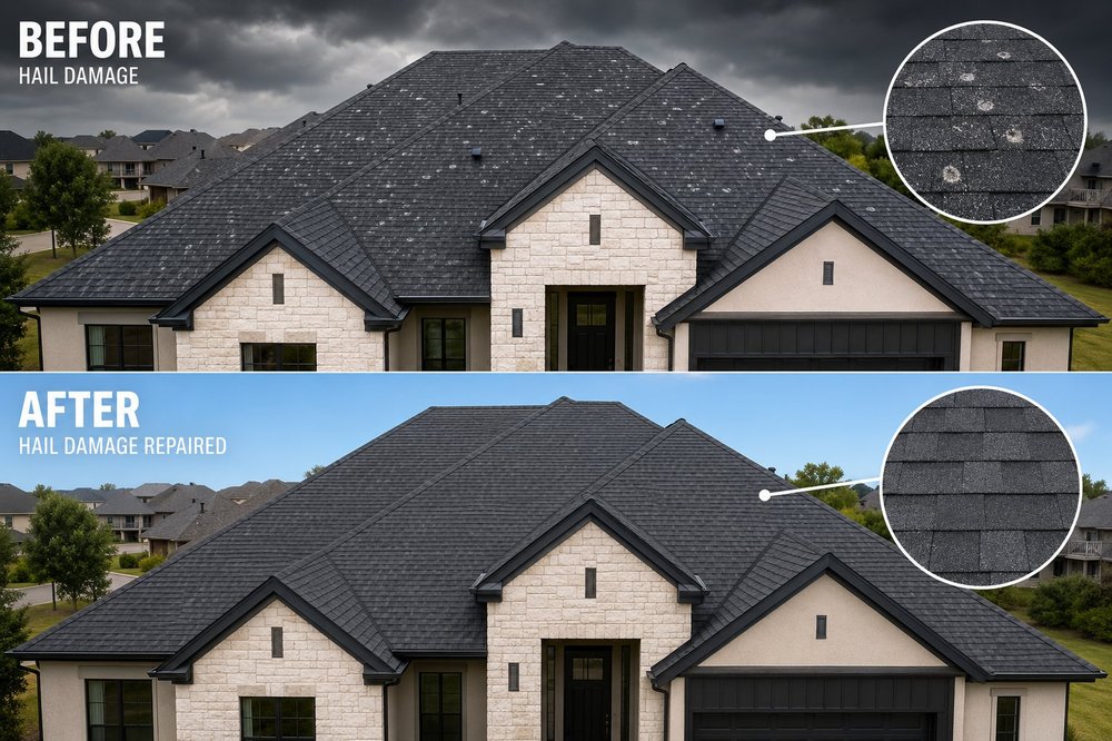Before and after hail damage roof repair in Sandy, Utah — close-up of damaged shingles next to repaired shingles